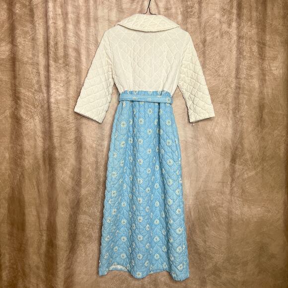 Vintage 60s Quilted Floral Two Tone Night Gown Robe Sleepwear Diamond Puffy Mod - Picture 2 of 13